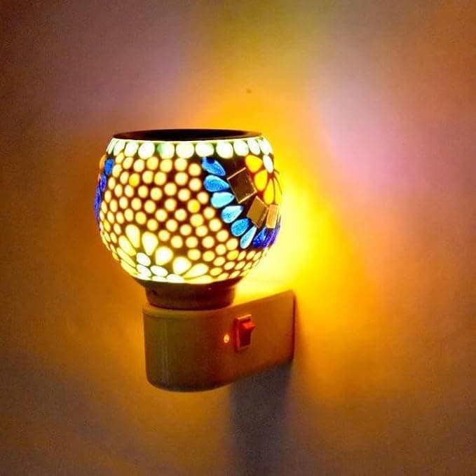 LUNAGARIYA Leaf Printed Kapoor Dani with Night LampElectric Aroma Oil DiffuserCamphor Mosquito Repellent Machine Bakhoor Dhoop Dani Glass Plastic Incense Holder4