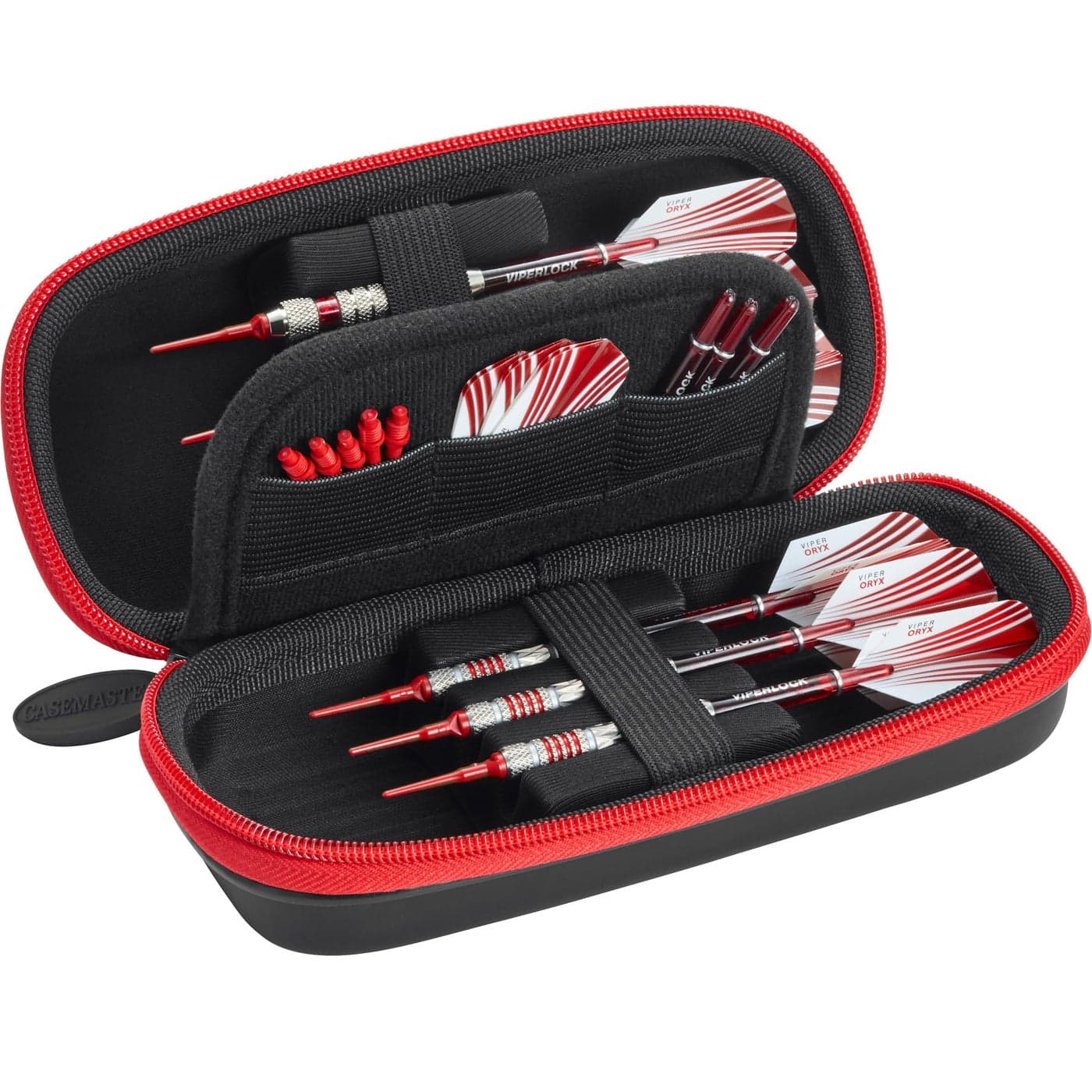Casemaster Sentry 6 Dart Case Slim, Holds Extra Accessories, Tips, Shafts and Flights, Compatible with Steel Tip and Soft Tip Darts, Impact & Water Resistant TacTech Shell, Red Zipper