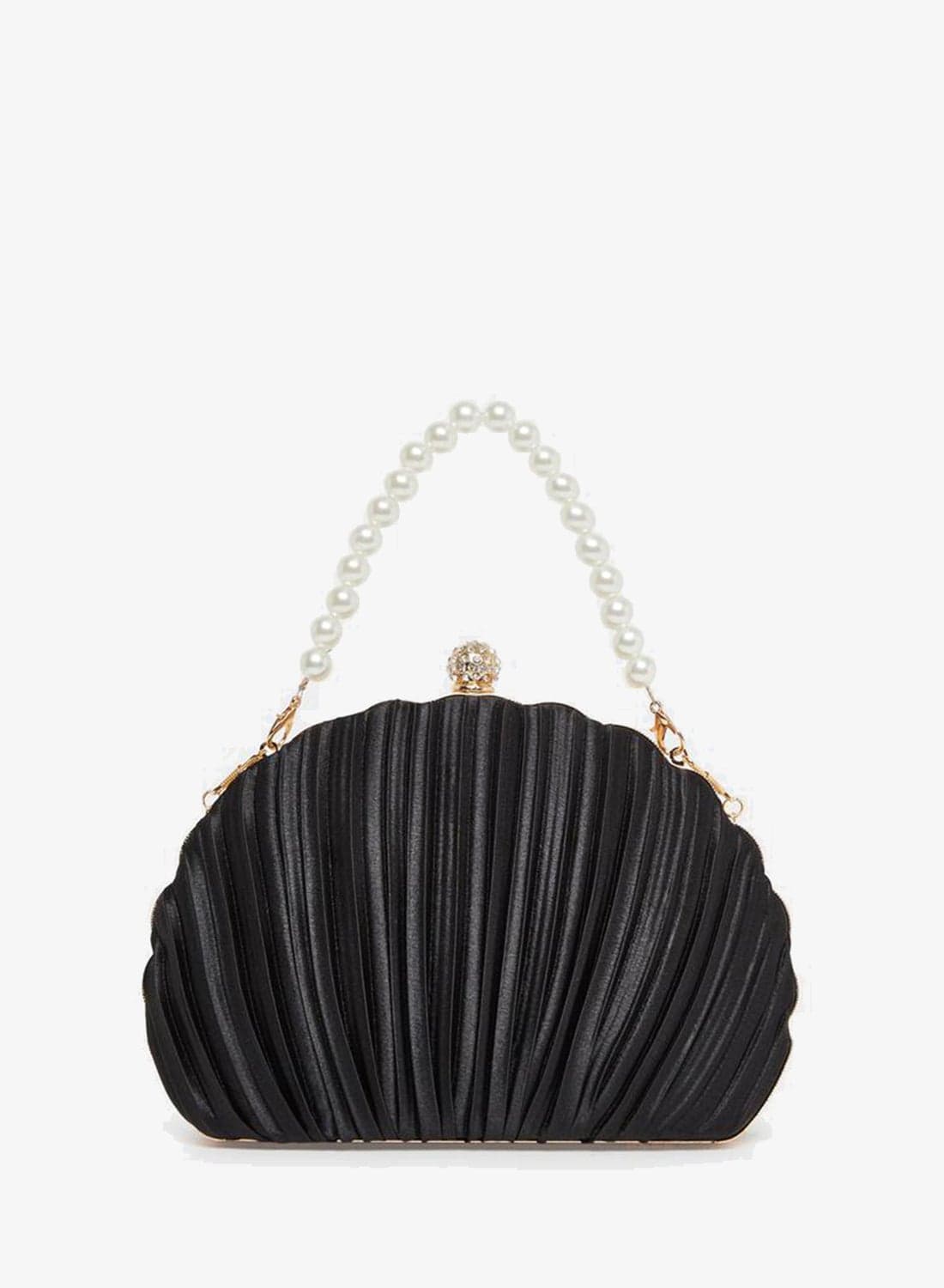 Black Pleated Clutch with Faux Pearl Handle