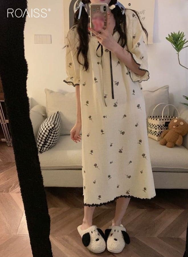 Plus Size Women's Floral Print Short Sleeve Maxi Nightgown Front Bow Tie with Lace Trim and Ruffle Hem, Relaxed Fit for Spring and Summer Loungewear, Elegant Sleepwear