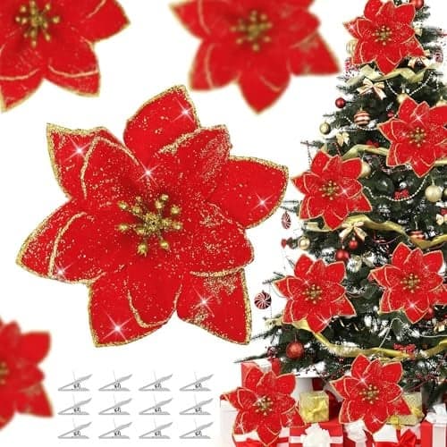 CURATED CART Artificial Christmas Poinsettia Flowers for Tree Decoration | Glitter Xmas Flowers for Christmas Tree, Home Décor, Wreaths & Holiday Decorations (Red - D3, Pack of 12)