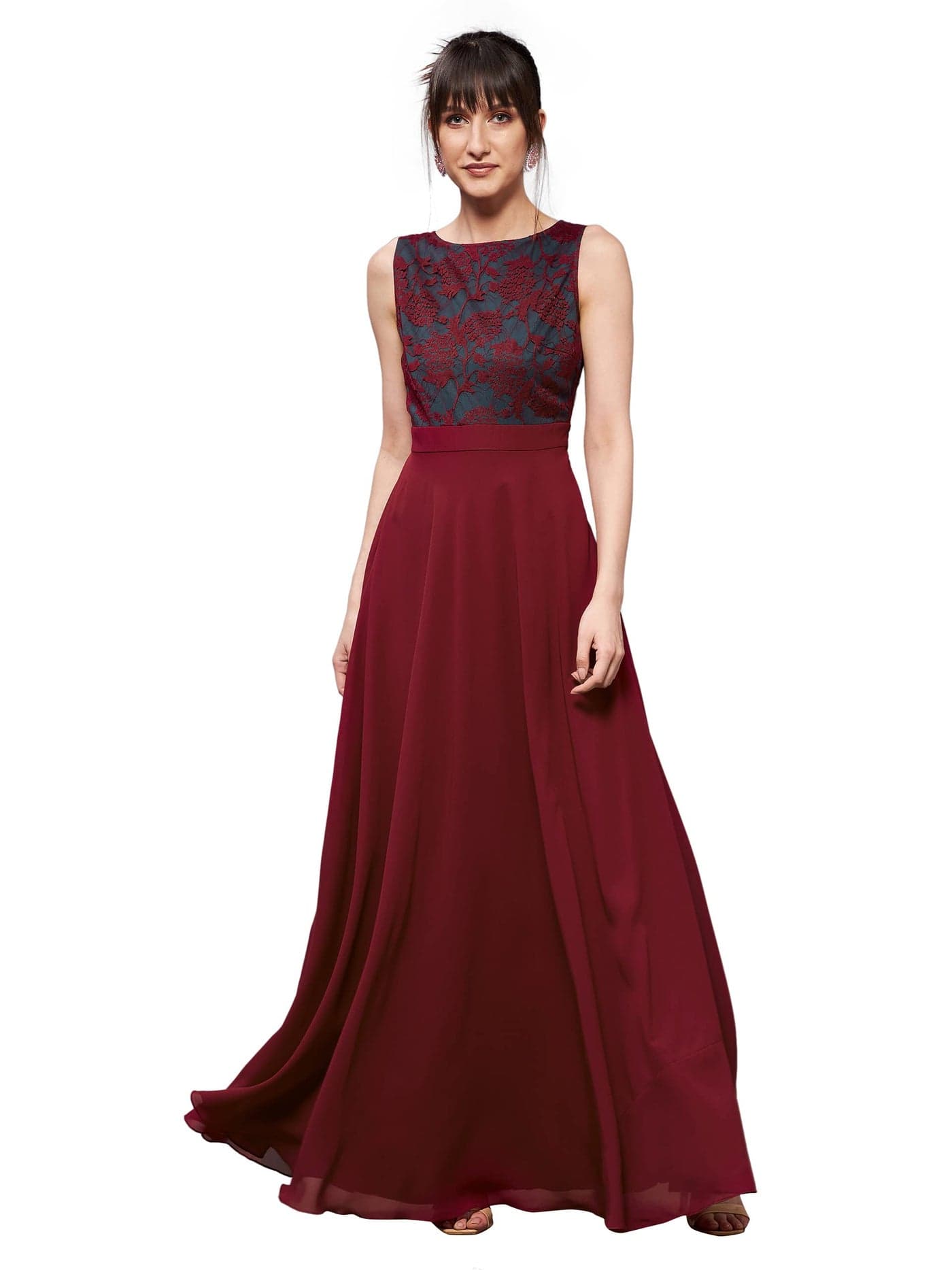 Miss Chase Women's Round Neck Sleeveless Georgette Floral Lace Fit & Flare Maxi Dress