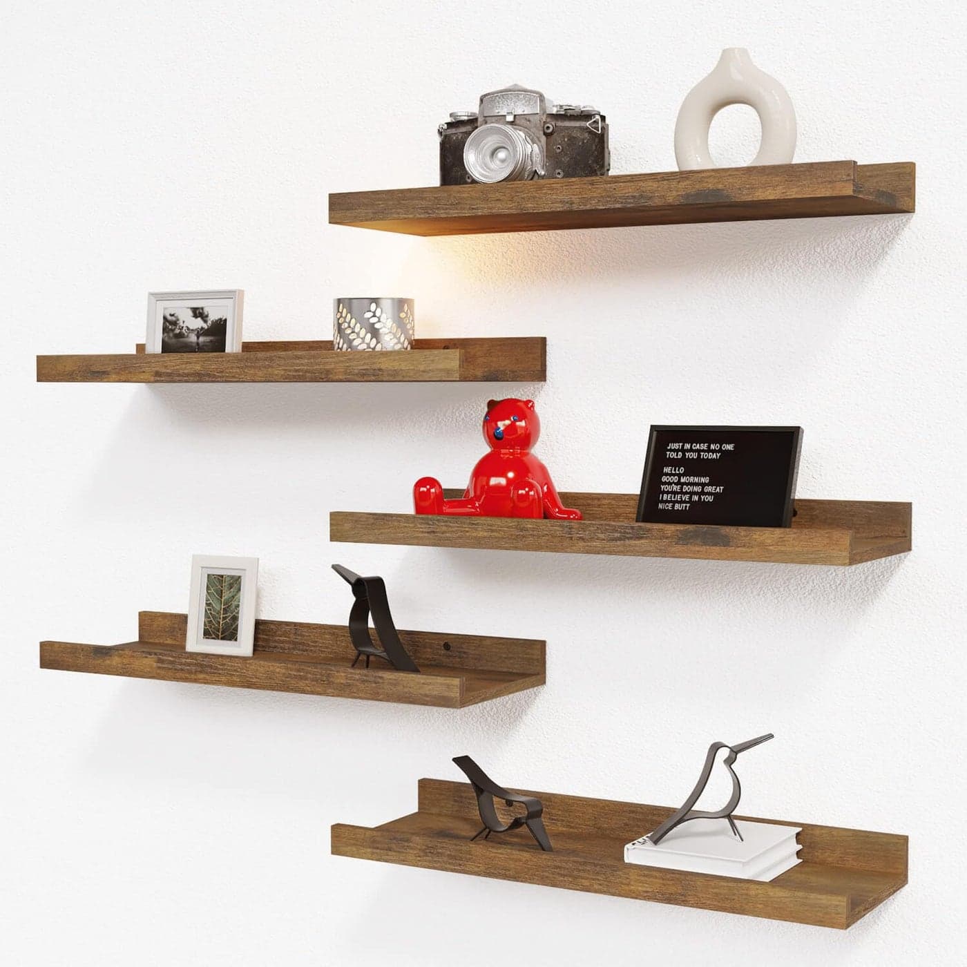 RICHER HOUSE 5 Set Floating Shelves for Wall Decor Book Shelf Nursery Shelves Picture Ledge Shelf with Lip for Bedroom Living Room Bathroom Brown