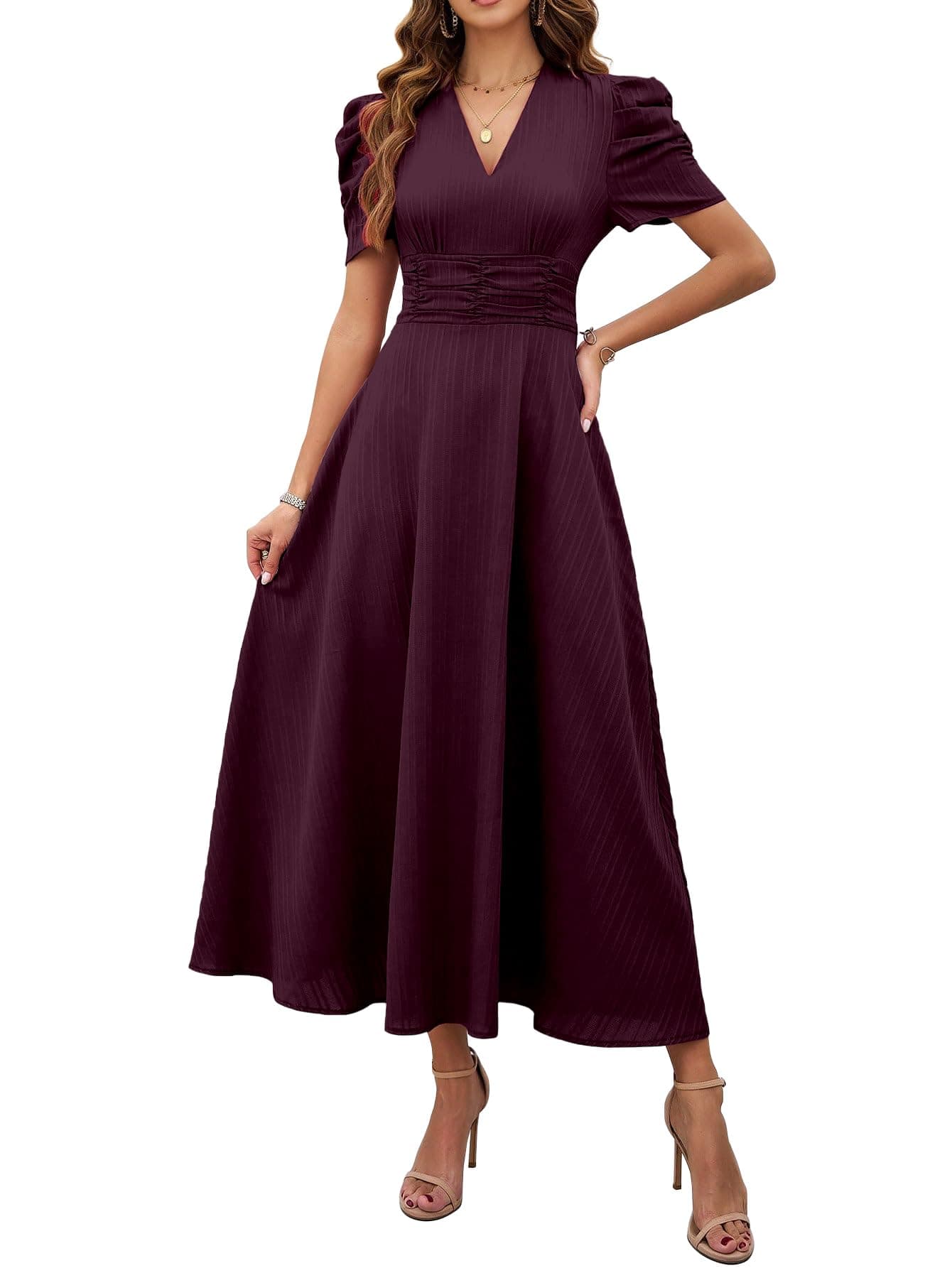 Shasmi Girl's & Women's Magenta Solid Color V-Neck A-Line Maxi Dress for Women | New Year Party Outfit | Waist Cinched Puff Sleeve Western Dress | Elegant Casual Wear (Dress 246 Magenta-3XL)