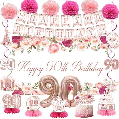 Vlipoeasn Flower 90th Birthday Decorations for Women Rose Gold 90th Birthday Backdrop Banner Cake Topper Honeycomb Hanging Swirl for Party Cheers to 90 Years Old Party Supplies