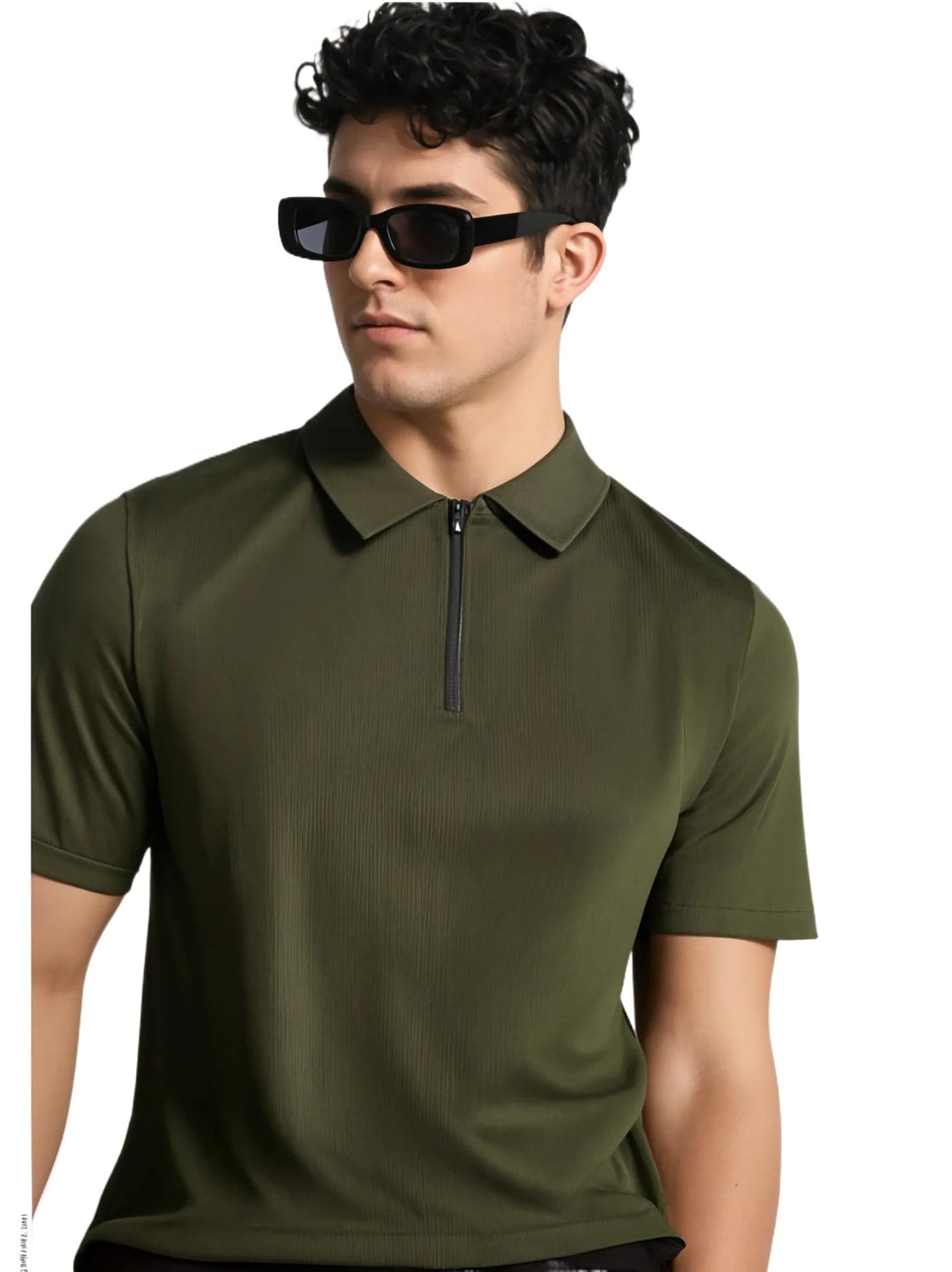 Mack Jonney Ribbed |Regular Fit | Half Sleeves 100% Cotton Polo Neck Self Design with Zip T-Shirt for Men-M820 Olive
