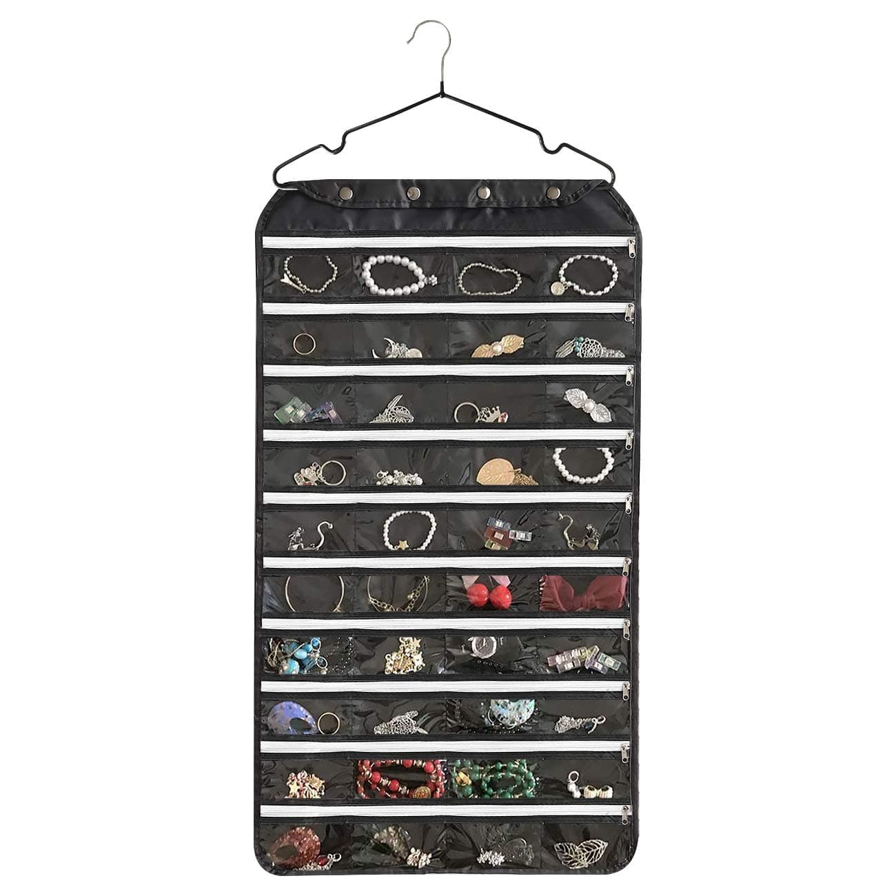 BB Brotrade Hanging Jewelry Organizer with Oxford Double Side 80 Zippered Storage Pocket black