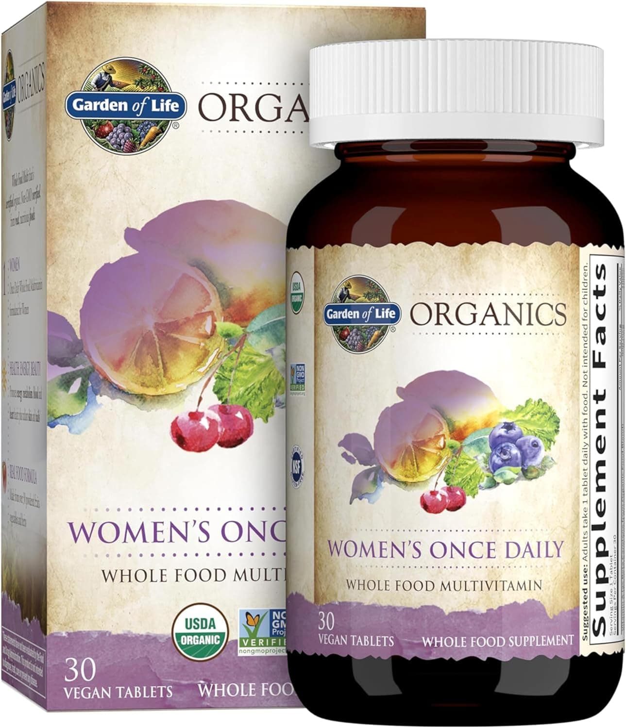 Garden of Life Multivitamin for Women Organics Womens Once Daily Whole Food Multi with Iron Biotin Vegan Organic Vitamin Energy Hair Skin Nails 30 Tablets