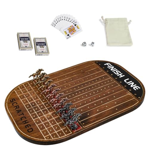 Jyquorp Horse Race Board Game Racing Game Thickened Solid Wood with 11 Luxurious Durable Classic Metal Horses with 4 Dice and 2 Boxes of Cards Horse Racing Game Rustic Brown