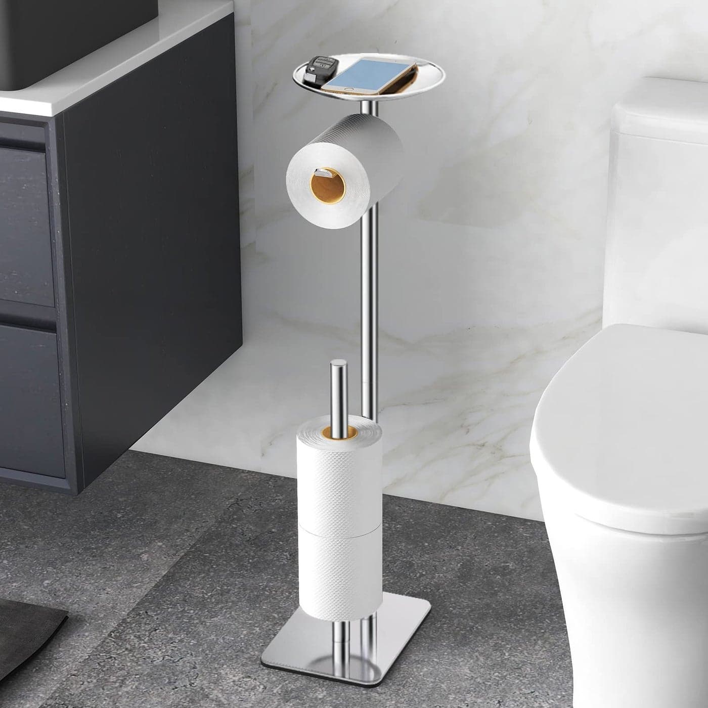 FEILERN Toilet Paper Holder Stand for Bathroom Floor Standing Toilet Roll Dispenser Storages 4 Reserve Rolls with Top Storage Shelf for Cell Phones Wipe Wallet and MoreChrome