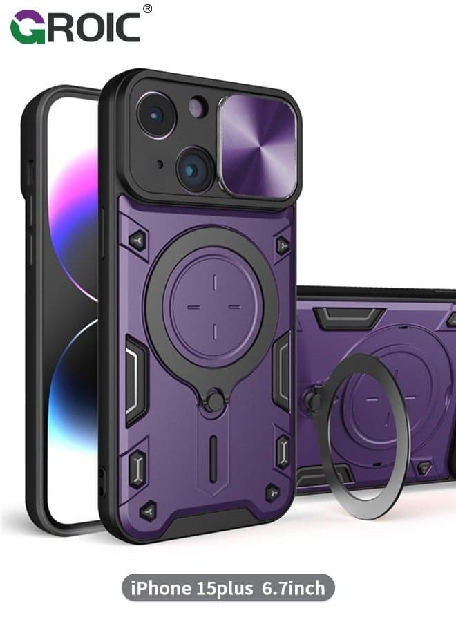 Magnetic Case for iPhone 15 Plus 6.7" Case with Slide Camera Cover & 360° Invisible Magnetic Ring Stand, Compatible with MagSafe, Full Camera Lens Protection,Anti-Fingerprint, Shockproof Protective