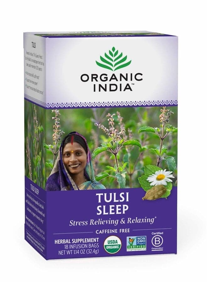 Organic India Tulsi Sleep Herbal Tea - Holy Basil, Stress Relieving & Relaxing, Immune Support, Balances Sleep Cycles, Vegan, USDA Certified Organic, Non-GMO, Caffeine-Free - 18 Infusion Bags, 1 Pack