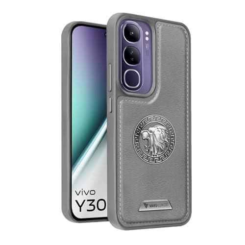 Vaku Luxos® Regal Shield TPU Back Cover Case for Vivo Y300 5G Metal Lion Engraved Leather Stitched Design Camera Screen Protector- Grey