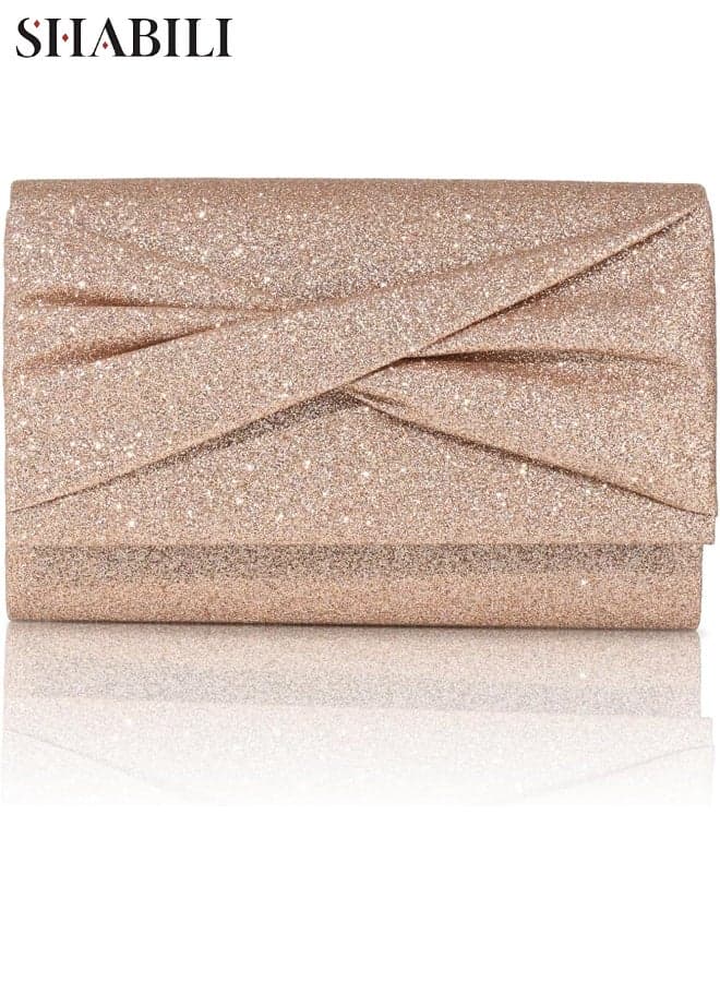 Women Polyester Evening Bag Tote Clutch Shoulder Crossbody Sling Handbag, Ladies Banquet Cross Bags with Frosted Sparkle Fold Pleats & Detachable Chain for Teen Youth Daily Casual Party Events (Beige)