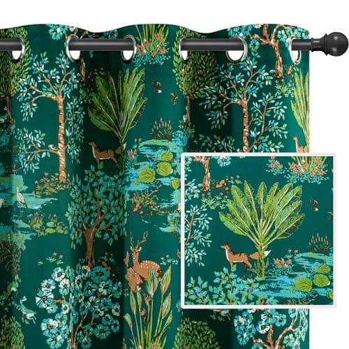 DriftAway Floral Green Curtains for Bedroom Room Darkening Vintage Animal Jungle Forest Tropical Printed Pattern Drapes for Living Room Grommet 2 Panels 52 Inch by 84 Inch Emerald Green