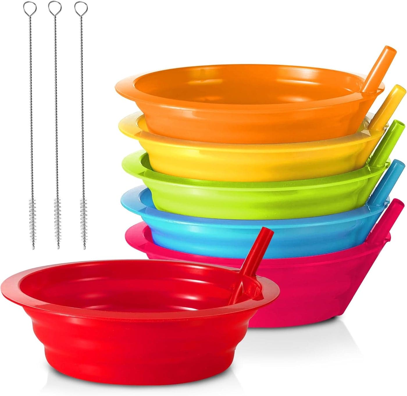Kids Cereal Bowls with Straws Set of 6 Plastic Bowl with Straw For kids BPA Free Dishwasher and Microwave Safe 22 Oz Toddlers Bowls with BuiltIn Straws Includes 3 Cleaning Brushes