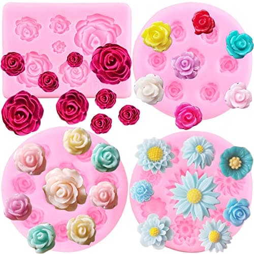ZiXiang Rose Flower Silicone Molds Daisy Flower Fondant Mold For Cake Decorating Cupcake Topper Candy Polymer Clay Chocolate Gum Paste Set of 4