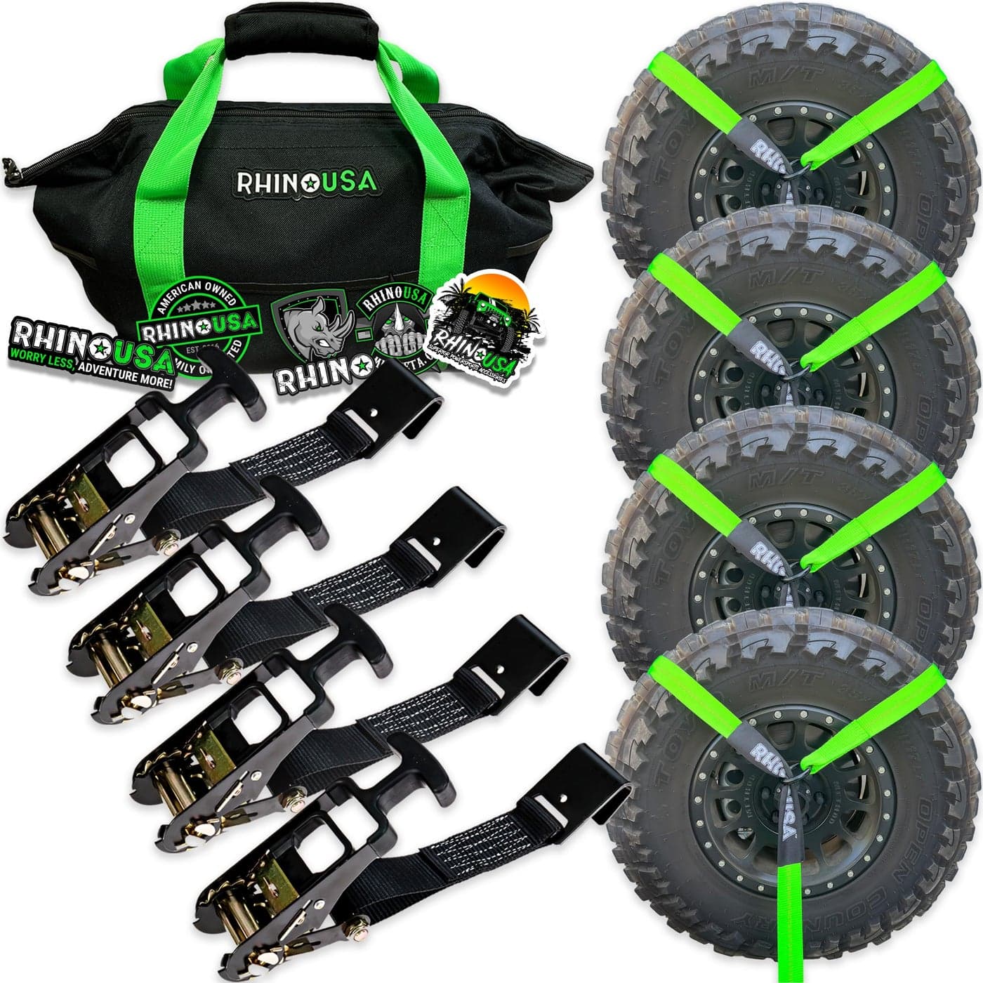 Rhino USA Car Tie Down Straps with Flat Hooks 4 Pack 2 x8 10000lbs Break Strength Heavy Duty THandle Car Hauler Tire Lasso Wheel Straps for Trailers UTV Powersports Green