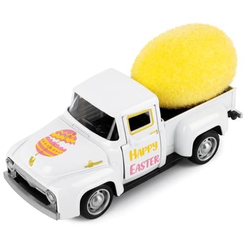 Atiloy Easter Metal Truck with Yellow Eggs Easter Party Decors Easters Gifts Basket Stuffers Farmhouse Vintage White Metal Truck Decor Vintage Collectible Car for Desk Cabinet Bookshelf