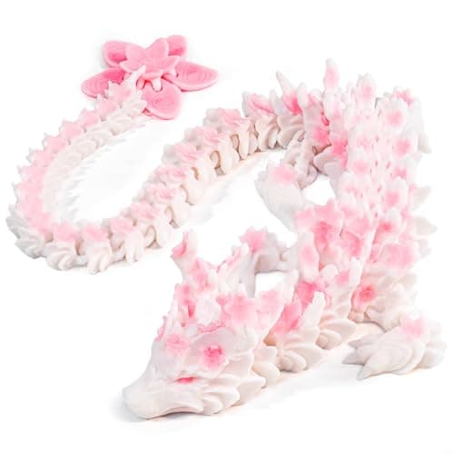 Outgoto 3D Printed Cherry Blossom Dragon – 11.8in Realistic Articulated Dragon Fidget Toy, Desk Décor and Collectible (White Pink)