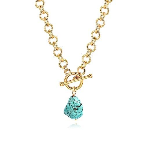 PEARLADA Natural Turquoise Stone Pendant Necklace, Chunky 18k Gold Toggle Necklace, Statement Turquoise Jewelry for Women