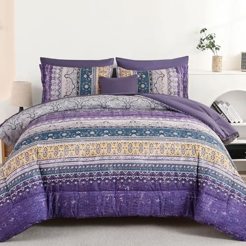 Cottolester Boho Queen Comforter Set 8 Pieces Violet Bohemian Striped Bed in a Bag Paisley Soft Microfiber Bedding Comforter Set