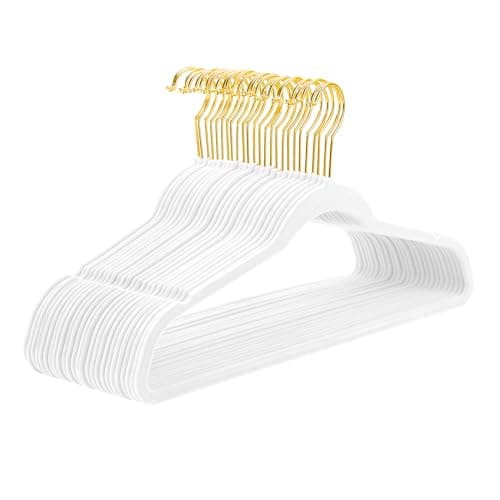 MIZGI Premium Velvet Hangers - 40 Pcs Heavy Duty, Non Slip Felt, Space Saving, White with Gold Hooks