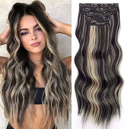 Vigorous Wavy Hair Extension for Women 4Pcs Black Mix Blonde Long Clip in Hair Extensions Soft Synthetic Hairpieces 24 inches Black Mix Blonde