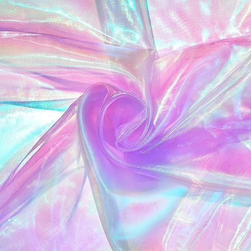 Ganeen 11 Yard Iridescent Fabric Organza Fabric Sheer 59 Inches Wide Rainbow Laser Gradient Lace Holographic Gauze for DIY Dress Curtain Costume Background Home Wedding Party Light Purple