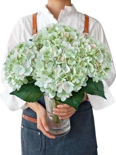 JINWOE Light Green Silk Hydrangea Artificial Flowers 4PCS 21 Large Lifelike Faux Silk Flowers Full Artificial Hydrangeas for Bouquet Table Centerpieces Indoor Spring Outdoor Home