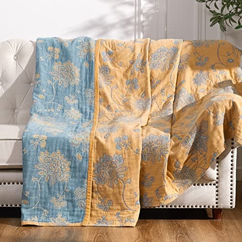 jinchan Boho 100 Cotton Muslin Queen Size 80x90 Inches Blanket Lightweight 4Layer Quilted Soft Yellow and Blue Floral Throw Blanket Reversible Comfy Flower Rustic All Seasons Couch Bedroom Decor