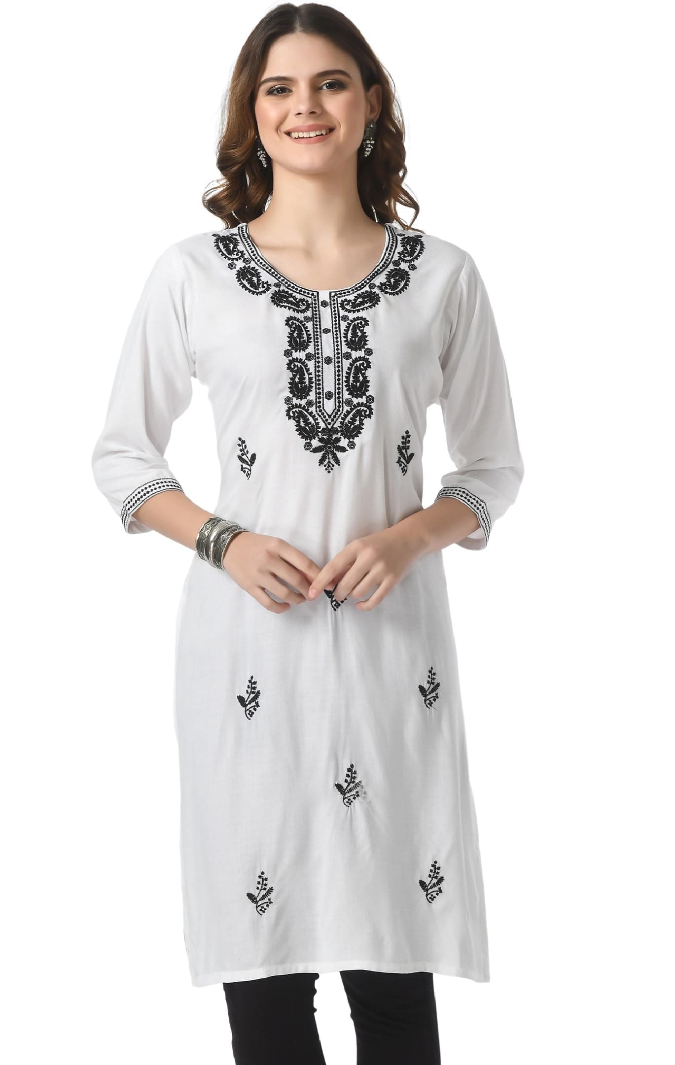 LIBOZA Kurta for Women – Lakhnowi Chikankari Embroidered Ladies Kurti, Stylish Girls Top, Ethnic Full Kurtas, Straight Design Kurtis for Woman White