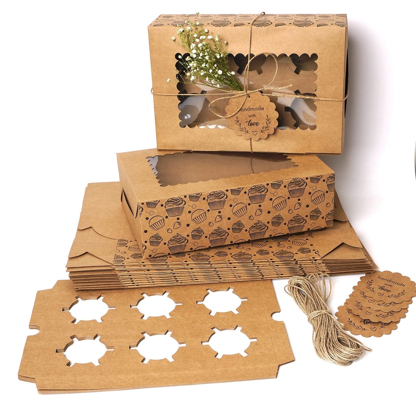 mudrit 20Pack Brown Cupcake Boxes with Insert Trays Tags and Twine Food Grade Kraft Bakery Boxes with Window to Fit 6 Cupcakes