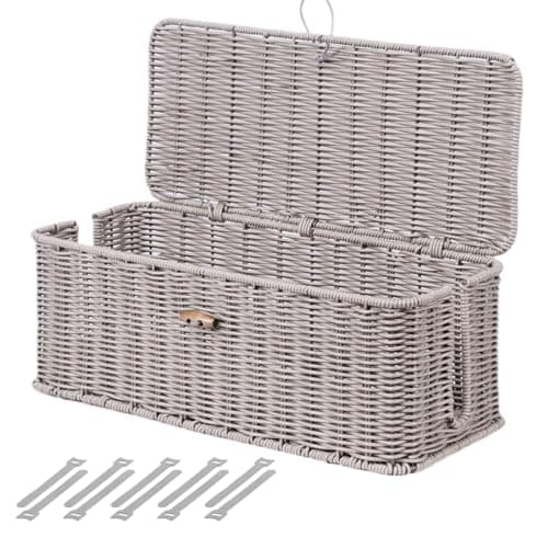 BROWNLILY Cable Management Box, Rattan Style Cord Organizer for Desk Cord Hider Outlet Covers Baby Proofing for Power Strip TV PC Router Charger Under Desk Storage with Lockable Lid and Cable Ties