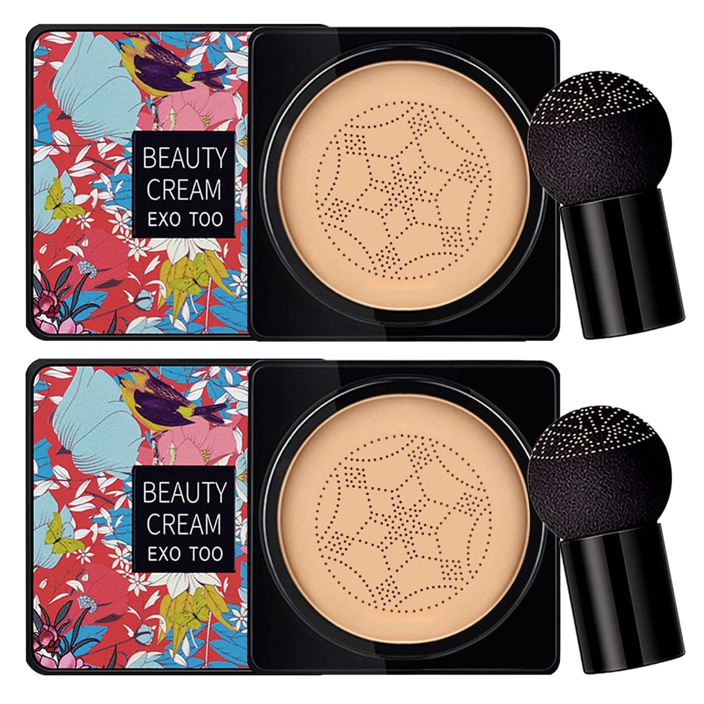 2 Pack Mushroom Head Air Cushion CC Cream FoundationBeauty Cream EXO TOO Moisturizing BB Cream Long Lasting Matte Concealer with 2PCS Mushroom Head Sponges Natural