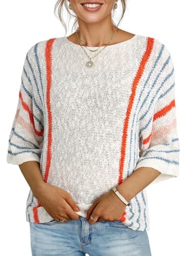 Dokotoo Womens Sweaters Casual Fall Winter 2025 Crewneck Color Block Striped 3/4 Sleeve Loose Lightweight Crochet Knit Trendy Pullover Sweaters for Women Tops Shirts White Medium