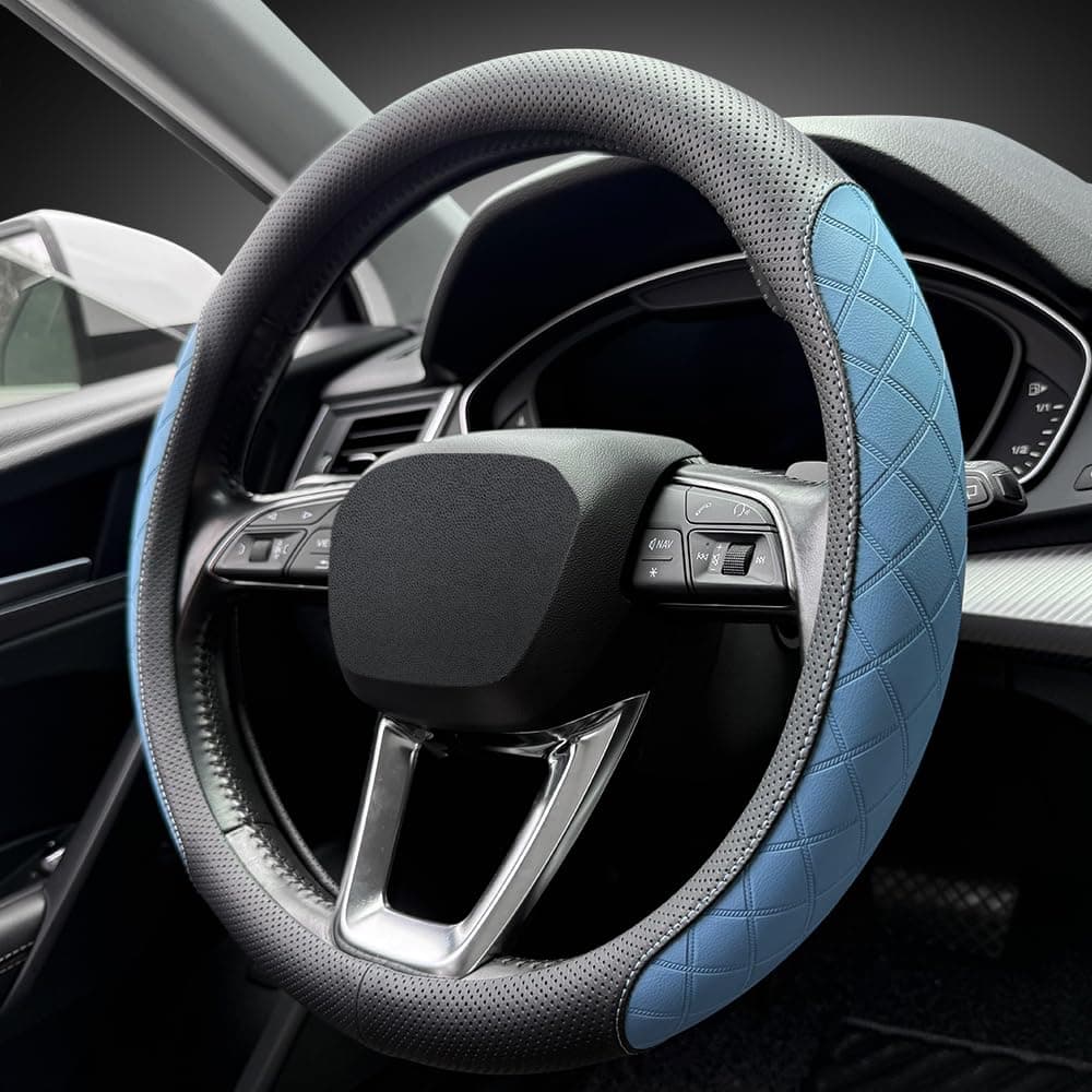 LKWLIKEI Nappa Leather Steering Wheel CoverElegant Diamond Checkered Design NonSlip wearResistant Enhance Driving Comfort Suitable for Steering Wheel Diameter 14 1215 ModelsBlack Blue