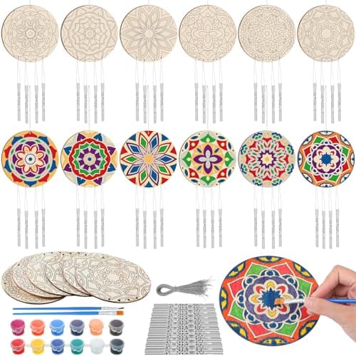 Silipull 24 Sets Mandala Wood Wind Chimes Craft for Kids Color Your Own Windchime DIY Unfinished Wooden Hanging Ornaments Coloring Wind Chime for Kids Gifts School Home and Party Supplies