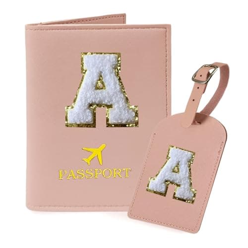 COSHAYSOO Pink Passport Cover Book Holder Travel Luggage Tag Set for Women Teen Girls with Initial Monogram Letter, Cute Airplane Essentials Personalized Cruise Accessories Trip Favor Gifts A