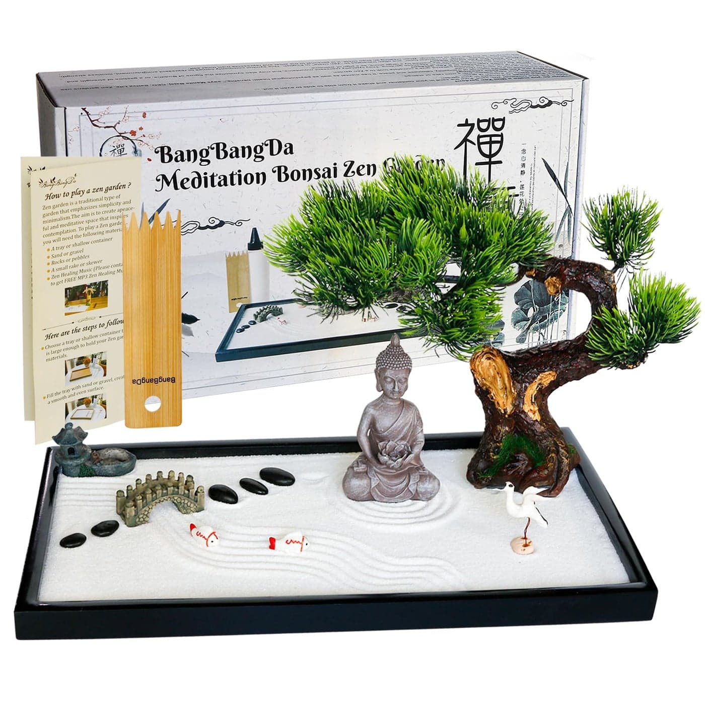 Japanese Zen Garden Kit for Desk Meditation Rock Sand Garden for Birthday Gift Office Home Desktop Relaxation Decor Bamboo Rakes Bonsai Tree Pagoda Accessories Tools Kits