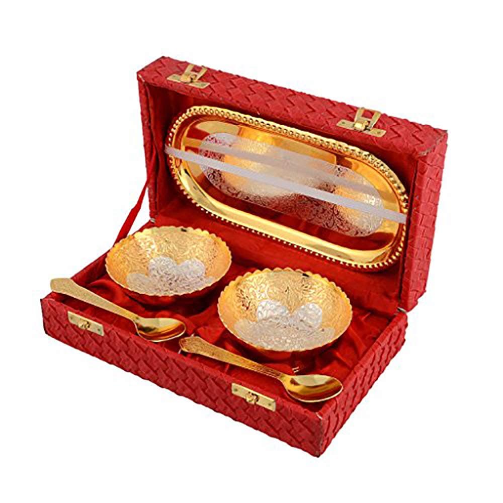 AC ANAND CRAFTS Silver and Gold Plated Brass Bowl Set with Spoon and Tray for Best for Gifting Anniversory Return Gift Diwali New Year Christmas