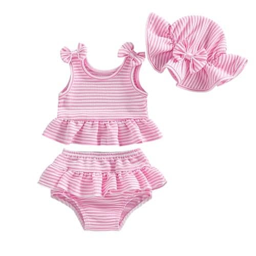 Lucikamy Baby Swimsuit Girl Toddler Bikini Sets Sleeveless Ruffle Striped Bathing Suit Infant Beach Swimwear (Pink, 3-6 Months)