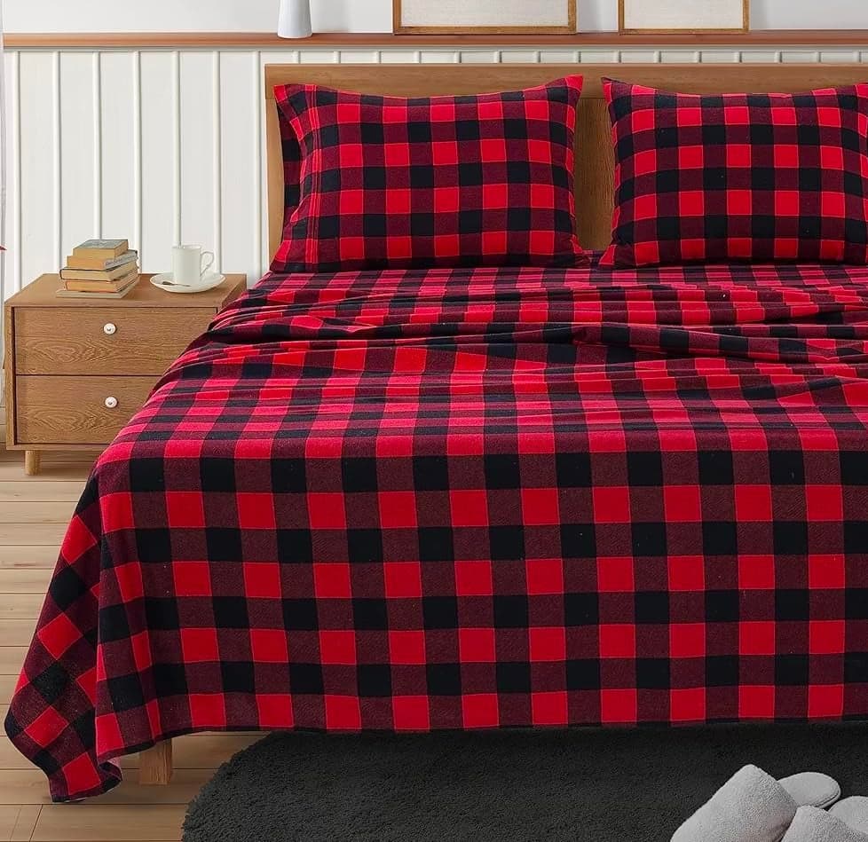 Lane Linen 100 Cotton Queen Flannel Sheets Set Brushed for Extra Softness Lightweight Durable Cotton Flannel Queen Sheets Set Warm Cozy Fall Bed Sheets 15 Deep Pocket Buffalo Checks Red
