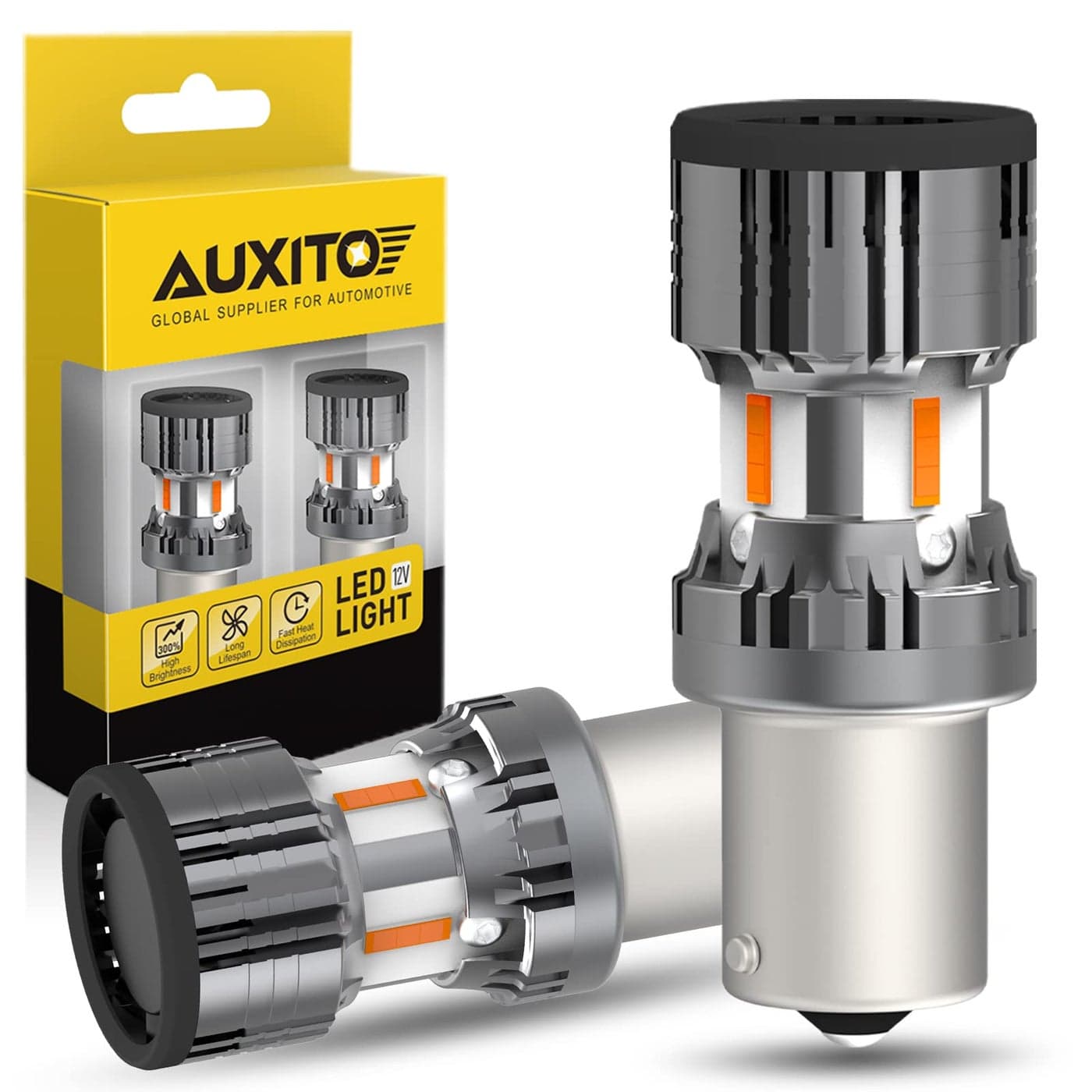 AUXITO 2025 Upgraded 1156 LED Bulbs Turn Signal Light with Fan 4000LM 600 Super Bright Amber Yellow BA15S 1141 7506 1003 P21W 1156A Canbus Error Free LED Replacement Bulbs Pack of 2