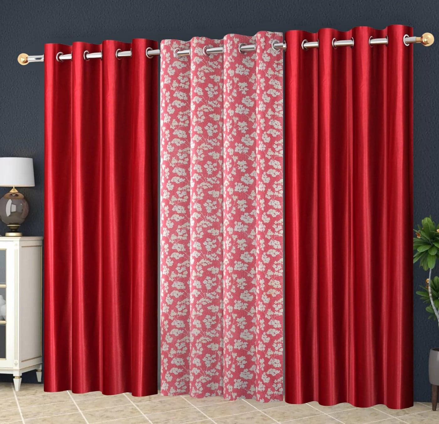 YUKANY Polyester Floral Printed Eyelets Curtains 7 Feet Long Set of 3 for Window Door Living Room Bedroom Eyelet Parda Maroon Red