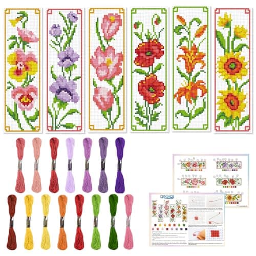 ORIGACH 6 Set Flowers Cross Stitch Bookmark Kit for Beginner with Backing Felt Floss Instructions DIY Stamped Embroidery Bookmark Kit for Adults, Book Lovers