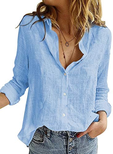 Astylish Linen Top for Women Lightweight Comfy Blouses & Button-Down Shirts Blue XX-Large