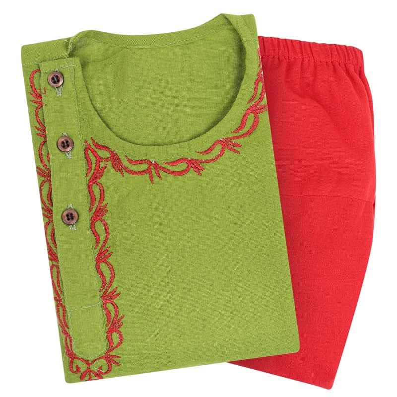 superminis Baby Boys Handloom Cotton Kurta With Embroidery Around the Neck And Contrast Color Dhoti (6-12 Months, Mehandi Green)
