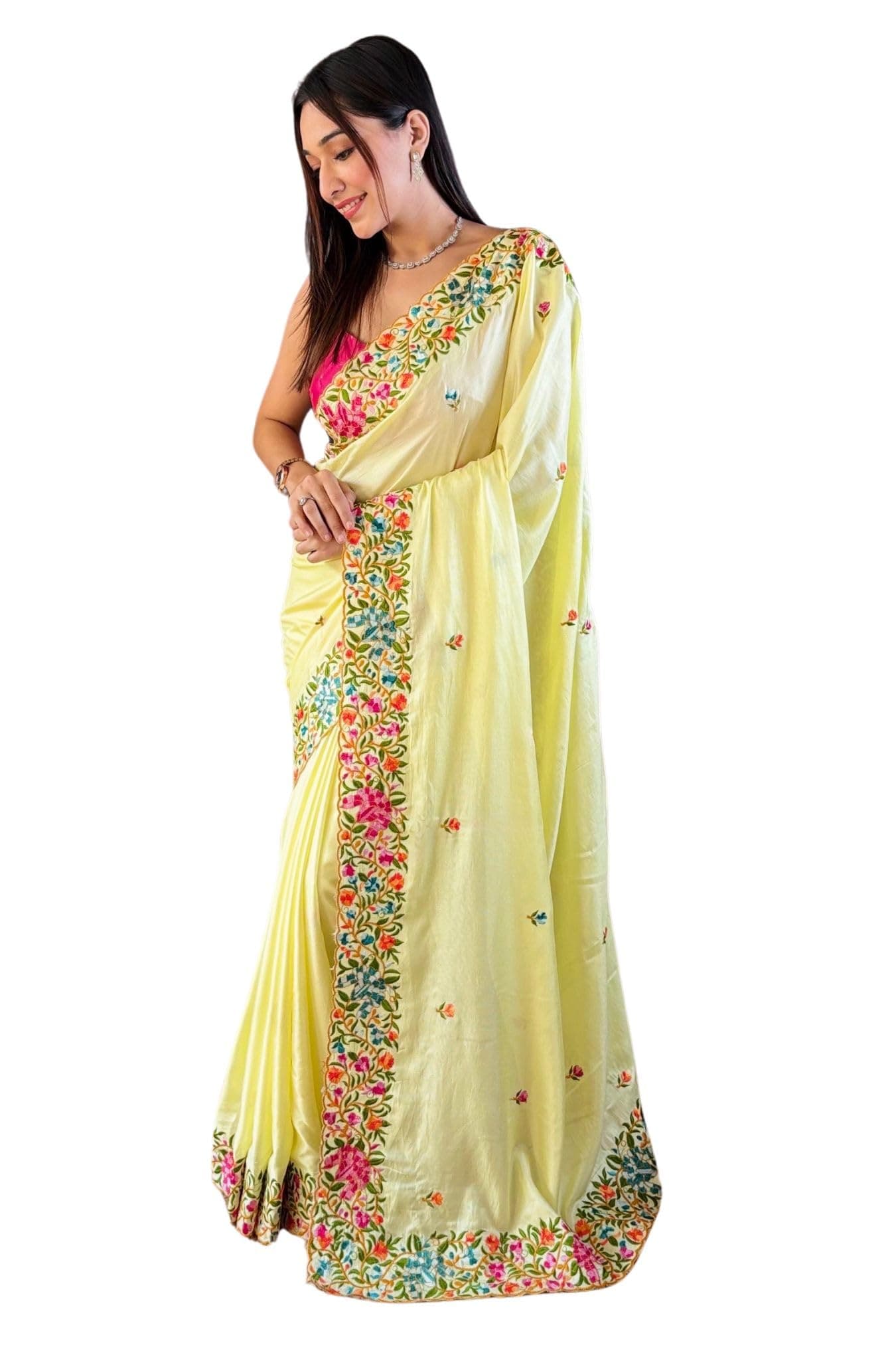 SGF11 Women's Chiffon Embroidery Border Saree With Unstitched Blouse Piece (Yellow)
