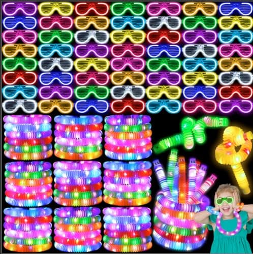 UZLU 44 Pcs Glow in the Dark Party Supplies 20 LED Light Up Glasses 24 Glow Sticks LED Party Favors Light Up Pop Tubes Flash Glasses LED Bracelet Necklace for Birthday Wedding Goodie Bag